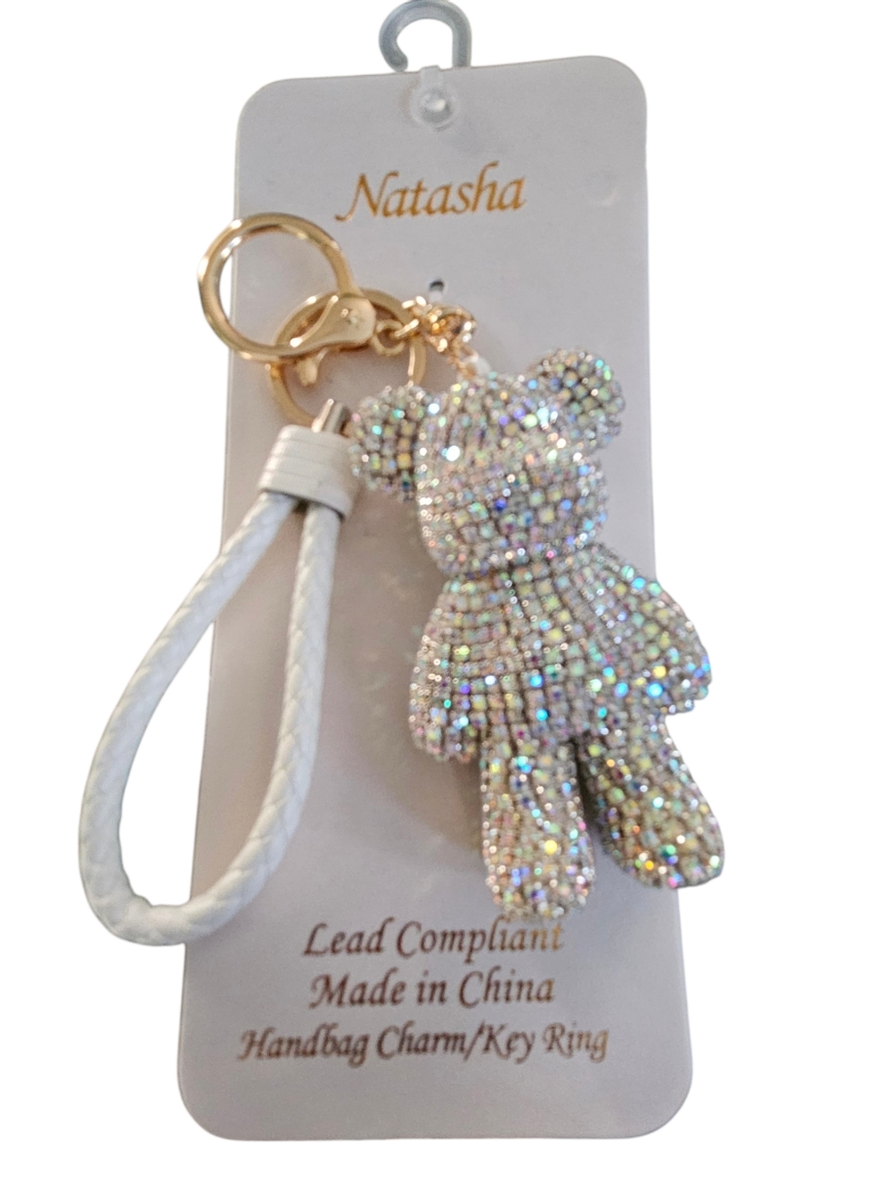 Natasha Couture White Braided Strap Crystal Teddy Bag Charm